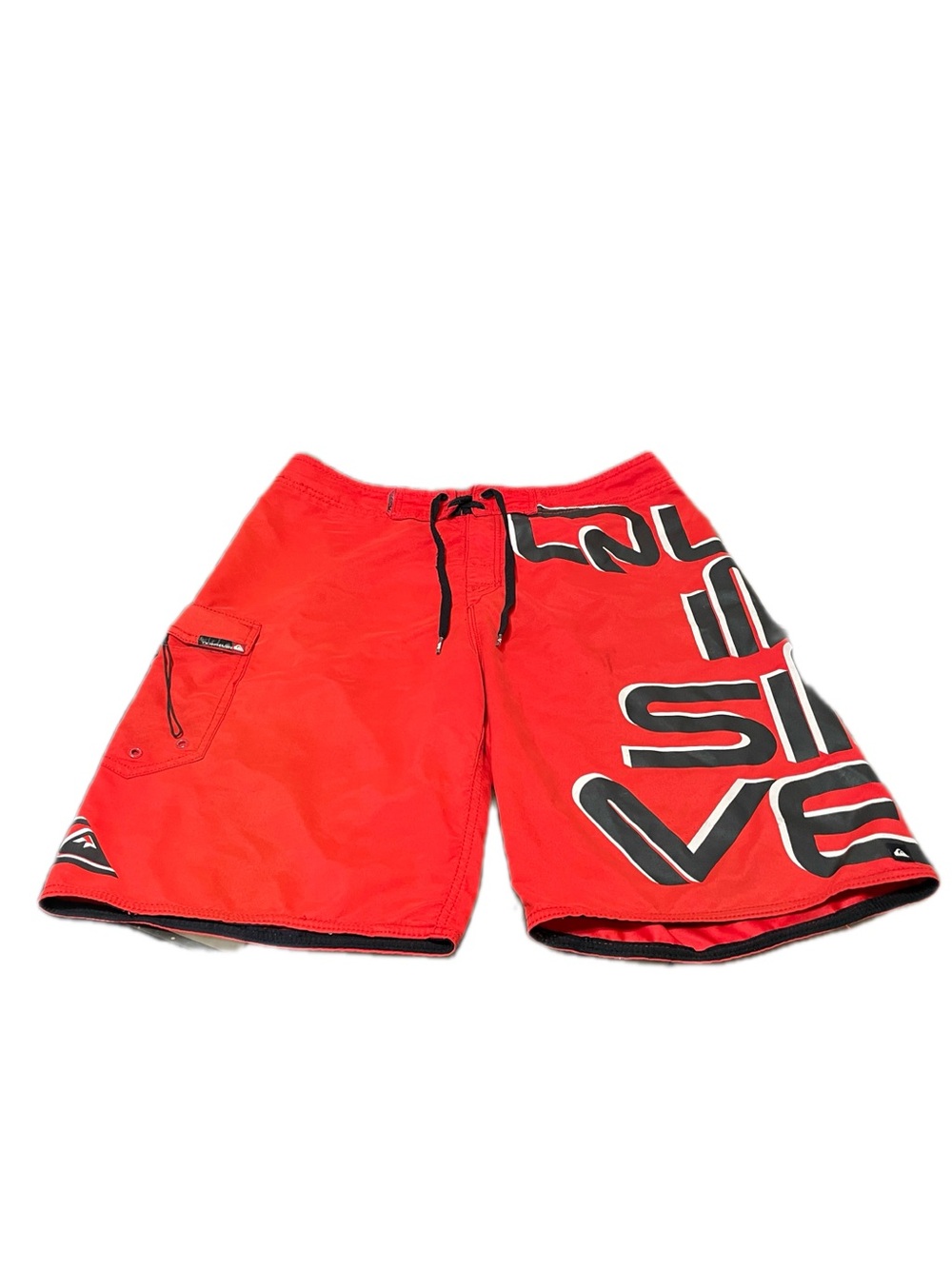 Quiksilver red surf-style swim trunks, size 32, with Y2K logo.